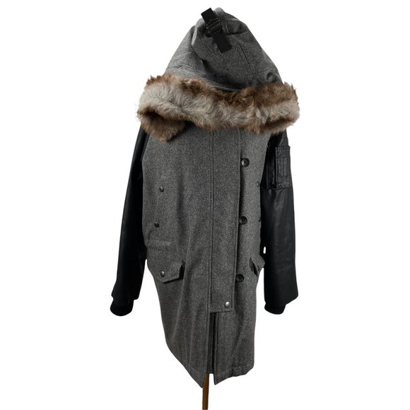 New Rag & Bone Wool Leather Faux Fur Trim Zip Up Hooded Coat Quilted Lining - Picture 2 of 15